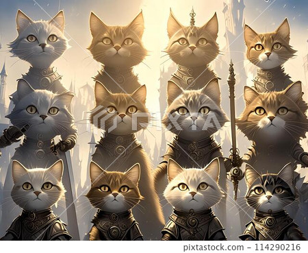 Cat knights gathering before battle in medieval times 114290216