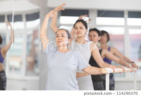 Group of women stand in fourth position at barre Group of women stand in fourth position at barre 114290370