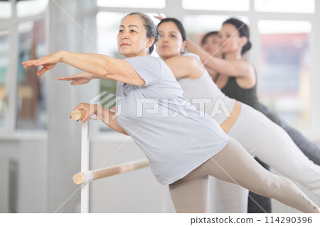 Group of women beginners practicing at ballet barre Group of women beginners practicing at ballet barre 114290396