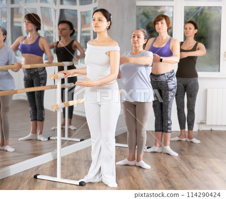 Group of women stand in first position at barre Group of women stand in first position at barre 114290424