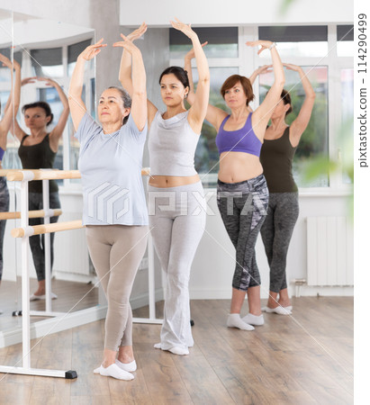 Group of women stand in fifth position at barre 114290499