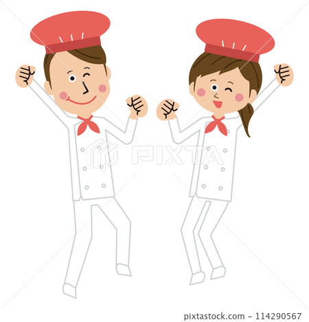 A pop male cook or baker jumps with a smile and a fist pump 114290567