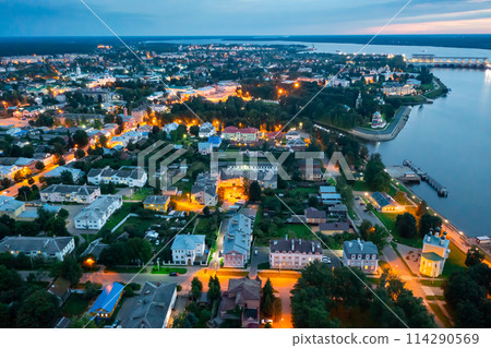 Aerial view of Russian town of Uglich on Volga in summer evening Aerial view of Russian town of Uglich on Volga in summer evening 114290569