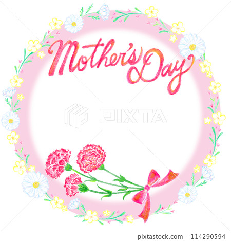 Mother's Day_Happy Mothers Day_letter and bouquet of carnations_hand-drawn style_cursive_pink circle 114290594