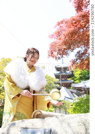 Adult woman wearing a yellow patterned furisode, adult furisode kimono location photo shoot, coming-of-age ceremony 114290780