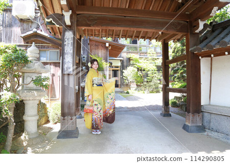 身穿黃色圖案長袖的成年女性、成年長袖和服外景拍攝、成年儀式 114290805