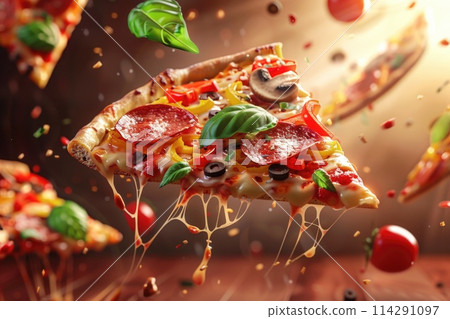 Levitating Pizza Slices with Colorful Toppings Against Warm Cherry Wood Backdrop, Sunlit and Backlit Levitating Pizza Slices with Colorful Toppings Against Warm Cherry Wood Backdrop, Sunlit and Backlit 114291097