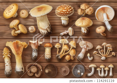 Assortment of Mushrooms on a Wooden Surface, Natural Earthy Qualities Showcased in Warm Light 114291119