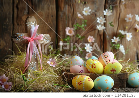 Easter Celebration Scene with Colorful Eggs, Wooden Cross, and Spring Flowers on a Wooden Background Easter Celebration Scene with Colorful Eggs, Wooden Cross, and Spring Flowers on a Wooden Background 114291153