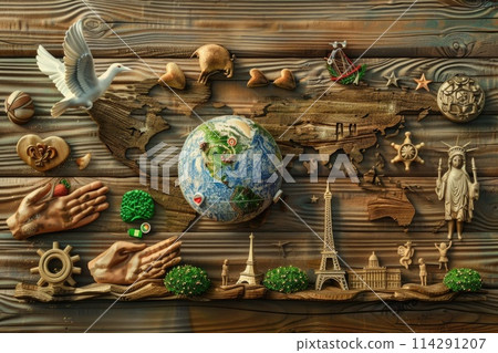 World Peace Day display with a dove, globe, and symbols of unity on a warm wooden background 114291207