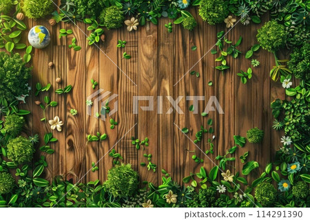 Earth Day Celebration Display with Trees, Wildlife, and Conservation Efforts on a Wooden Background 114291390