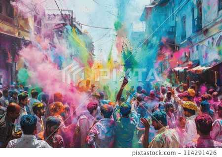 Holi Festival Celebration in India with Colorful Powder Explosion and Joyous Revelers in a Street Setting 114291426