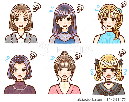 Set of 5 illustrations of stylish adult women with various hairstyles 114291472
