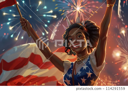 Illustration of a Joyful Woman Celebrating with an American Flag Under Fireworks 114291559