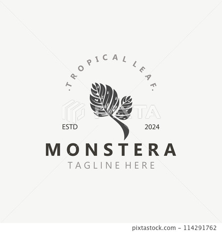 Monstera deliciosa leaf nature logo design, flat plant icon design illustration template 114291762