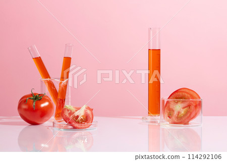 Advertising photo on pink background, lab glassware include glass cup of tomato slices, a petri dish contain some tomato pieces, measuring cylinder and test tube with red liquid placed on white table Advertising photo on pink background, lab glassware include glass cup of tomato slices, a petri dish contain some tomato pieces, measuring cylinder and test tube with red liquid placed on white table 114292106
