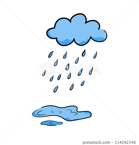 Cloud with rain and puddles in hand-drawn style, concept about a rainy season. Isolated vector illustration for print, digital and more design. Cloud with rain and puddles in hand-drawn style, concept about a rainy season. Isolated vector illustration for print, digital and more design. 114292148