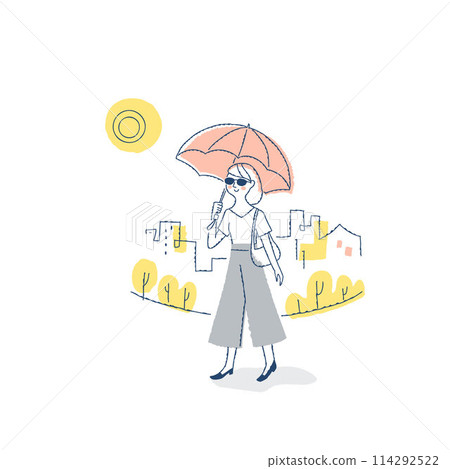 一位穿著防紫外線產品在城裡散步的女士 114292522