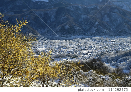 Morning sunlight on the summit of Mt. Hodo in Nagatoro Town. Snow-covered wintersweet garden and snow-capped streetscape. 114292573