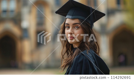Young European brunette woman in black gown and graduation cap in front of university. AI Generated 114292691