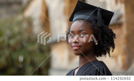 Young black woman in gown and graduation cap standing in front of university building. AI Generated 114292692