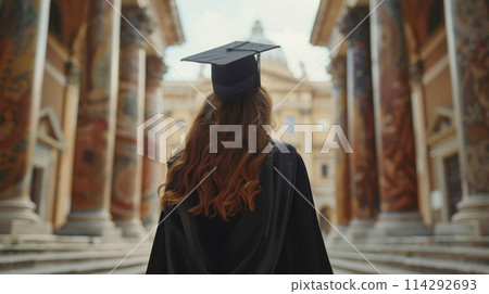 A young woman in a black gown and graduation cap standing in front of a university. AI Generated 114292693