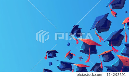 Flying Graduation Caps against a clear blue sky. Invitation, Banner with copy space. AI Generated 114292891