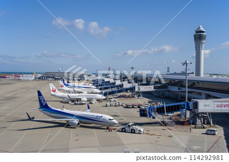 View from the Sky Deck at Chubu Centrair International Airport - Domestic passenger planes parked on the apron 114292981