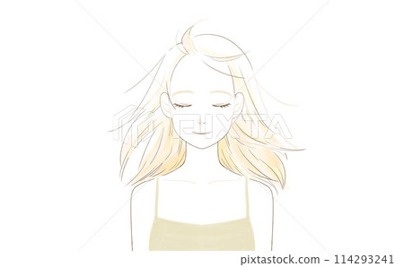 一個女人在風中曬太陽的正面圖 一個女人在風中曬太陽的正面圖 114293241