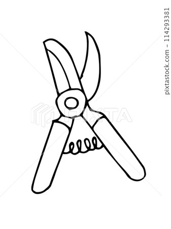 Pruning shears illustration (black and white, monochrome, line drawing) Pruning shears illustration (black and white, monochrome, line drawing) 114293381