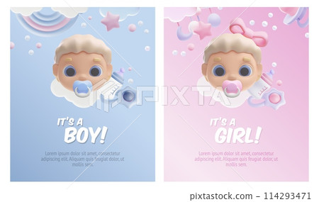 Cute newborn face with nipple, bottle with pacifier, rattle, baby shower It's a boy and It's a girl 3d vector poster set Cute newborn face with nipple, bottle with pacifier, rattle, baby shower It's a boy and It's a girl 3d vector poster set 114293471