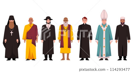 Catholic Pope, Buddhist and Hinduism monks, Christian Orthodox, rabbi Judaist, Muslim mullah religion priests vector set Catholic Pope, Buddhist and Hinduism monks, Christian Orthodox, rabbi Judaist, Muslim mullah religion priests vector set 114293477