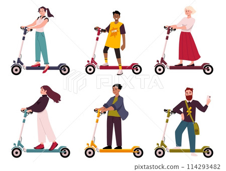 Young people riding kick scooter, flat vector illustration isolated on white. Young people riding kick scooter, flat vector illustration isolated on white. 114293482