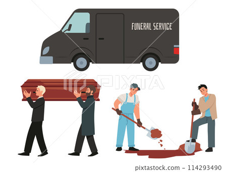 Funeral service, set of vector illustration isolated on white, flat cartoon. 114293490