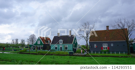 Netherlands rural lanscape Windmills at famous tourist site Zaanse Schans in Holland. Zaandam, Netherlands 114293551
