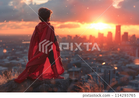 A young child, dressed as a superhero, gazes out at a sprawling city from the top of a hill, exuding hope and courage. 114293765