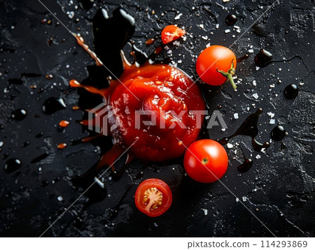 A group of ripe tomatoes sits elegantly on a wooden table, showcasing their vibrant red hues and fresh, plump shapes. 114293869
