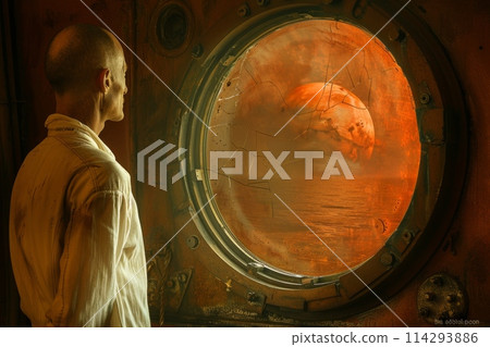 A man stands by a window, gazing out at the vast, mesmerizing expanse of the ocean on a breathtakingly beautiful planet. 114293886