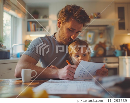 A man and a little girl sitting at a kitchen table, engrossed in school homework together. 114293889