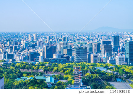 Tokyo cityscape in Japan: Takebashi and Hitotsubashi areas, Mainichi Newspapers and Marubeni Building. In the background you can also see Kanda Surugadai and Nishi Nippori. 114293928