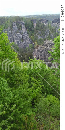 Beautiful summer view of Elbe river from Bastei view pont. Colorful morning scene of Saxon Switzerland national park, Germany, Europe. Beautiful summer view of Elbe river from Bastei view pont. Colorful morning scene of Saxon Switzerland national park, Germany, Europe. 114294025