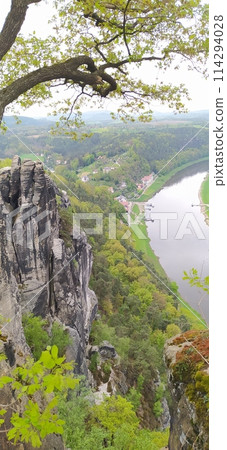 Beautiful summer view of Elbe river from Bastei view pont. Colorful morning scene of Saxon Switzerland national park, Germany, Europe. Beautiful summer view of Elbe river from Bastei view pont. Colorful morning scene of Saxon Switzerland national park, Germany, Europe. 114294028