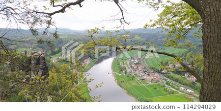 Beautiful summer view of Elbe river from Bastei view pont. Colorful morning scene of Saxon Switzerland national park, Germany, Europe. 114294029