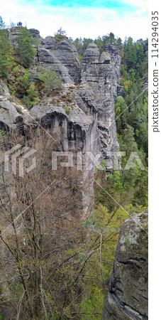 Beautiful summer view of Elbe river from Bastei view pont. Colorful morning scene of Saxon Switzerland national park, Germany, Europe. 114294035