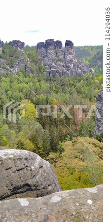 Beautiful summer view of Elbe river from Bastei view pont. Colorful morning scene of Saxon Switzerland national park, Germany, Europe. Beautiful summer view of Elbe river from Bastei view pont. Colorful morning scene of Saxon Switzerland national park, Germany, Europe. 114294036