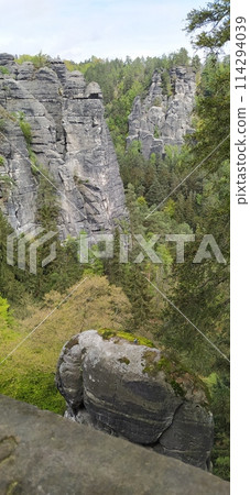 Beautiful summer view of Elbe river from Bastei view pont. Colorful morning scene of Saxon Switzerland national park, Germany, Europe. 114294039