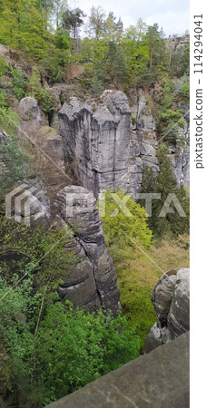 Beautiful summer view of Elbe river from Bastei view pont. Colorful morning scene of Saxon Switzerland national park, Germany, Europe. Beautiful summer view of Elbe river from Bastei view pont. Colorful morning scene of Saxon Switzerland national park, Germany, Europe. 114294041