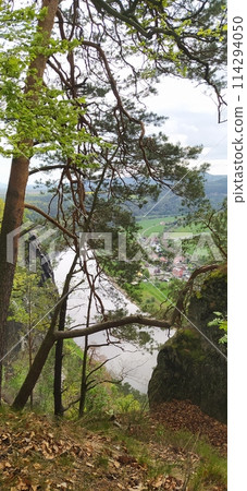 Beautiful summer view of Elbe river from Bastei view pont. Colorful morning scene of Saxon Switzerland national park, Germany, Europe. 114294050