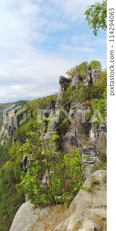 Beautiful summer view of Elbe river from Bastei view pont. Colorful morning scene of Saxon Switzerland national park, Germany, Europe. Beautiful summer view of Elbe river from Bastei view pont. Colorful morning scene of Saxon Switzerland national park, Germany, Europe. 114294065