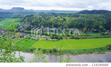 Beautiful summer view of Elbe river from Bastei view pont. Colorful morning scene of Saxon Switzerland national park, Germany, Europe. 114294080